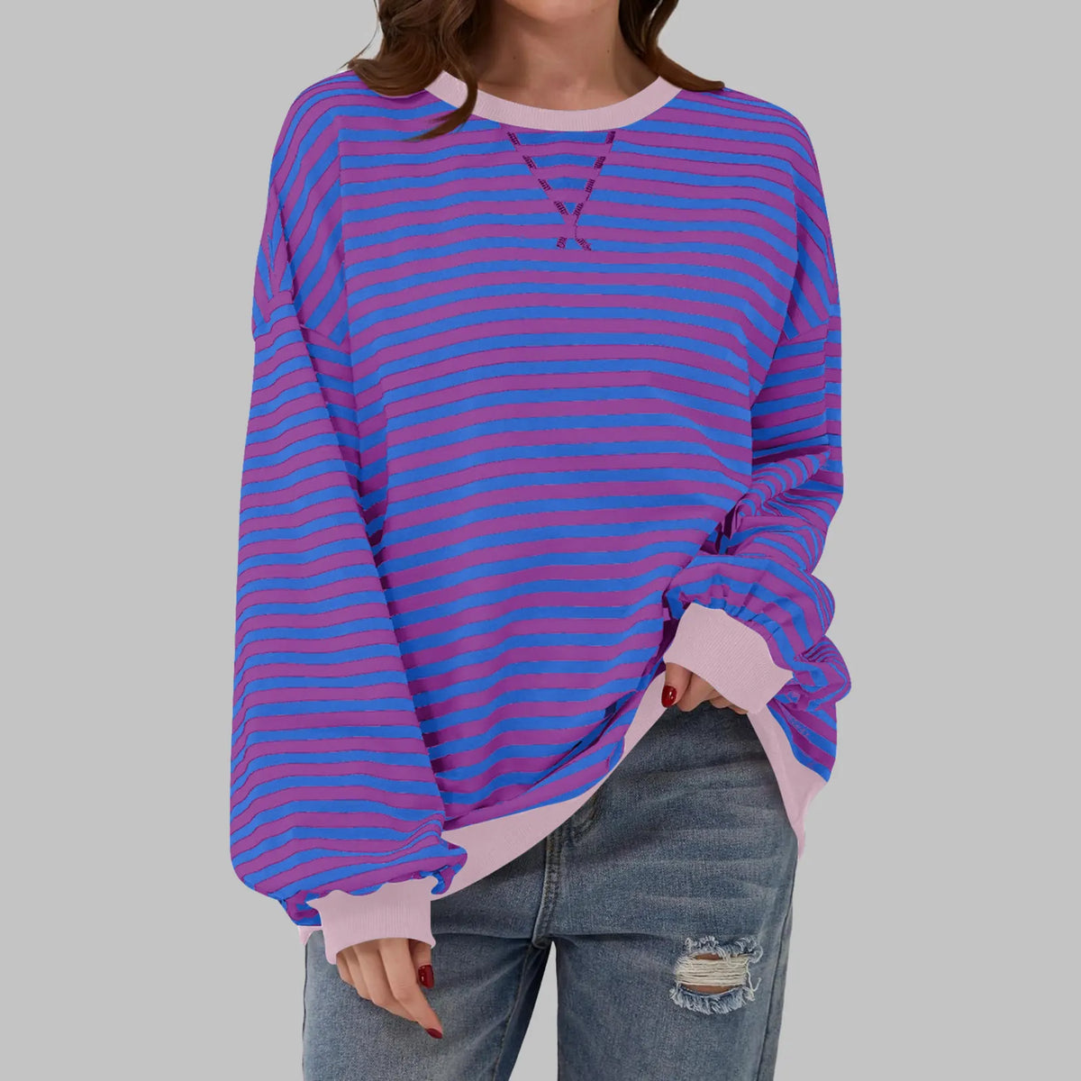 Lilac Men's Striped Sweatshirt with Oversized Fit & Ribbed Trim - Front Stance