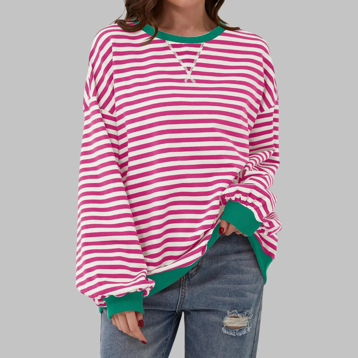 Hot Pink Men's Striped Sweatshirt with Oversized Fit & Ribbed Trim - Front Portrait