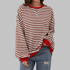 Red Men's Striped Sweatshirt with Oversized Fit & Ribbed Trim