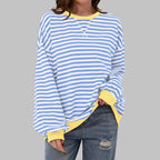 Sky Blue Men's Striped Sweatshirt with Oversized Fit & Ribbed Trim - Front Studio