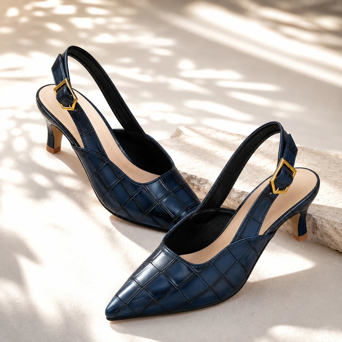 Blue Women's Croc Kitten Heels with Slingback Buckle & Pointed Toe — Abby