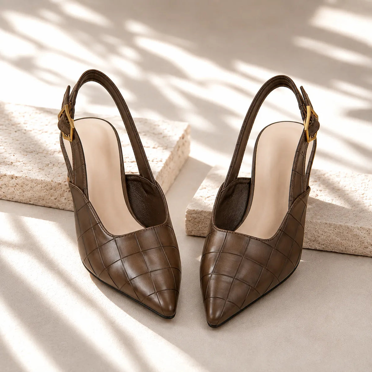 Brown Women's Croc Kitten Heels with Slingback Buckle & Pointed Toe — Abby