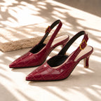 Red Women's Croc Kitten Heels with Slingback Buckle & Pointed Toe — Abby