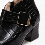 Women's Croc Ankle Boots with Buckle & Block Heel - Close Up Buckle Closeup