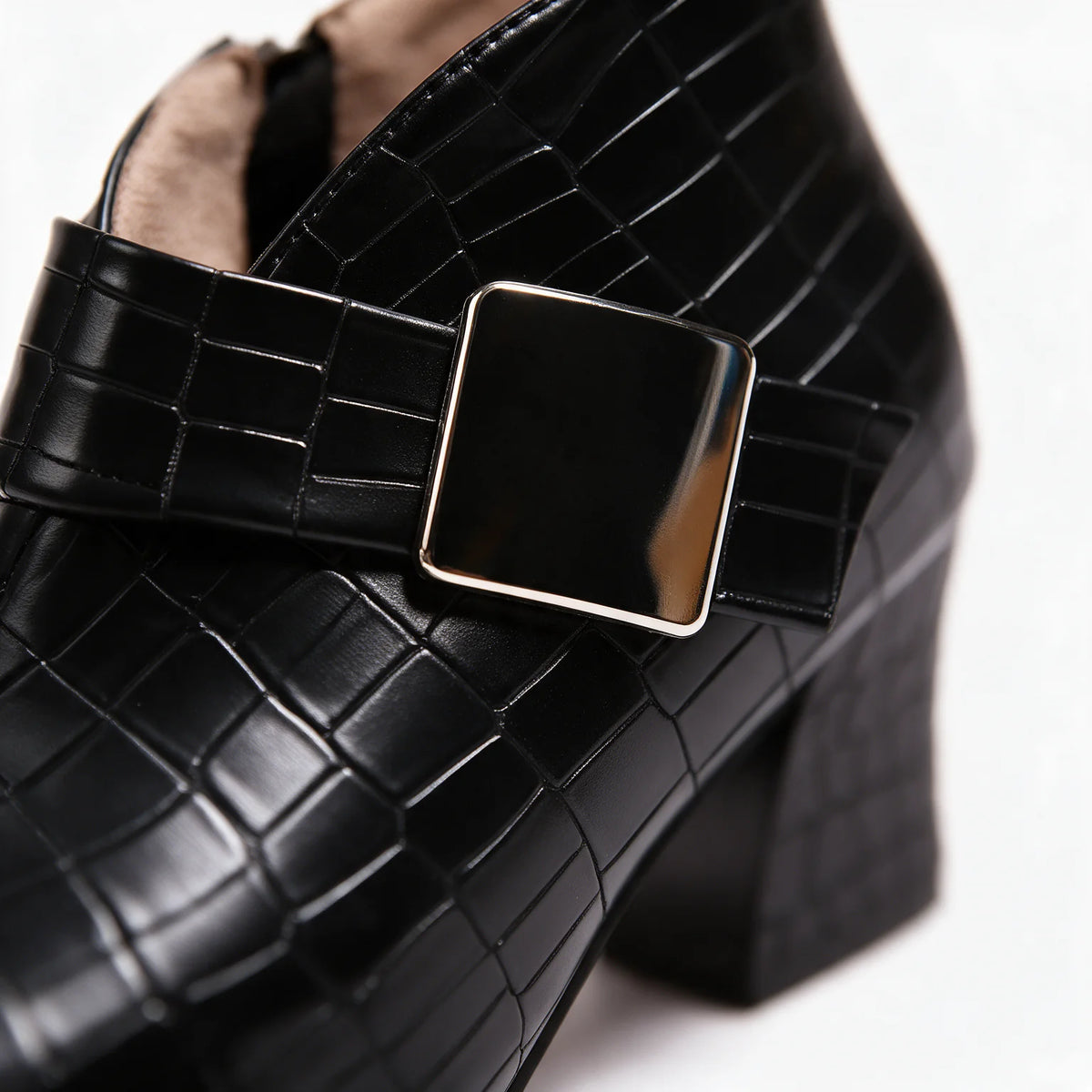 Women's Croc Ankle Boots with Buckle & Block Heel - Close Up Buckle Closeup