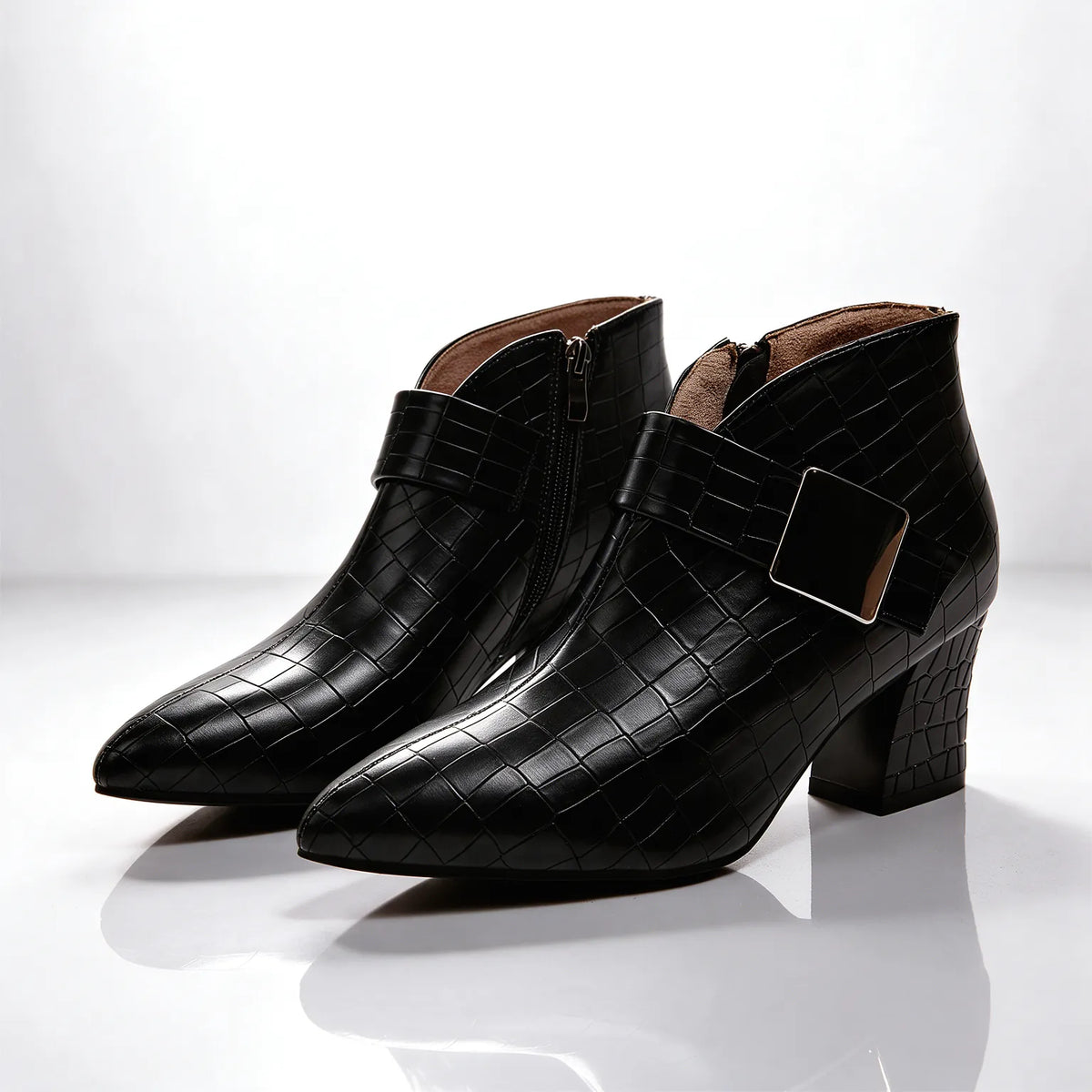 Black Women's Croc Ankle Boots with Buckle & Block Heel - Studio Front View