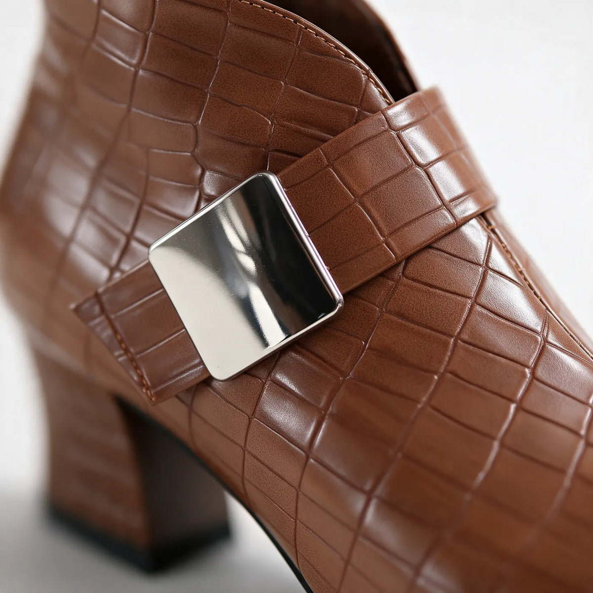 Women's Croc Ankle Boots with Buckle & Block Heel - Close Up Buckle Detail