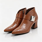 Brown Women's Croc Ankle Boots with Buckle & Block Heel - Front Full