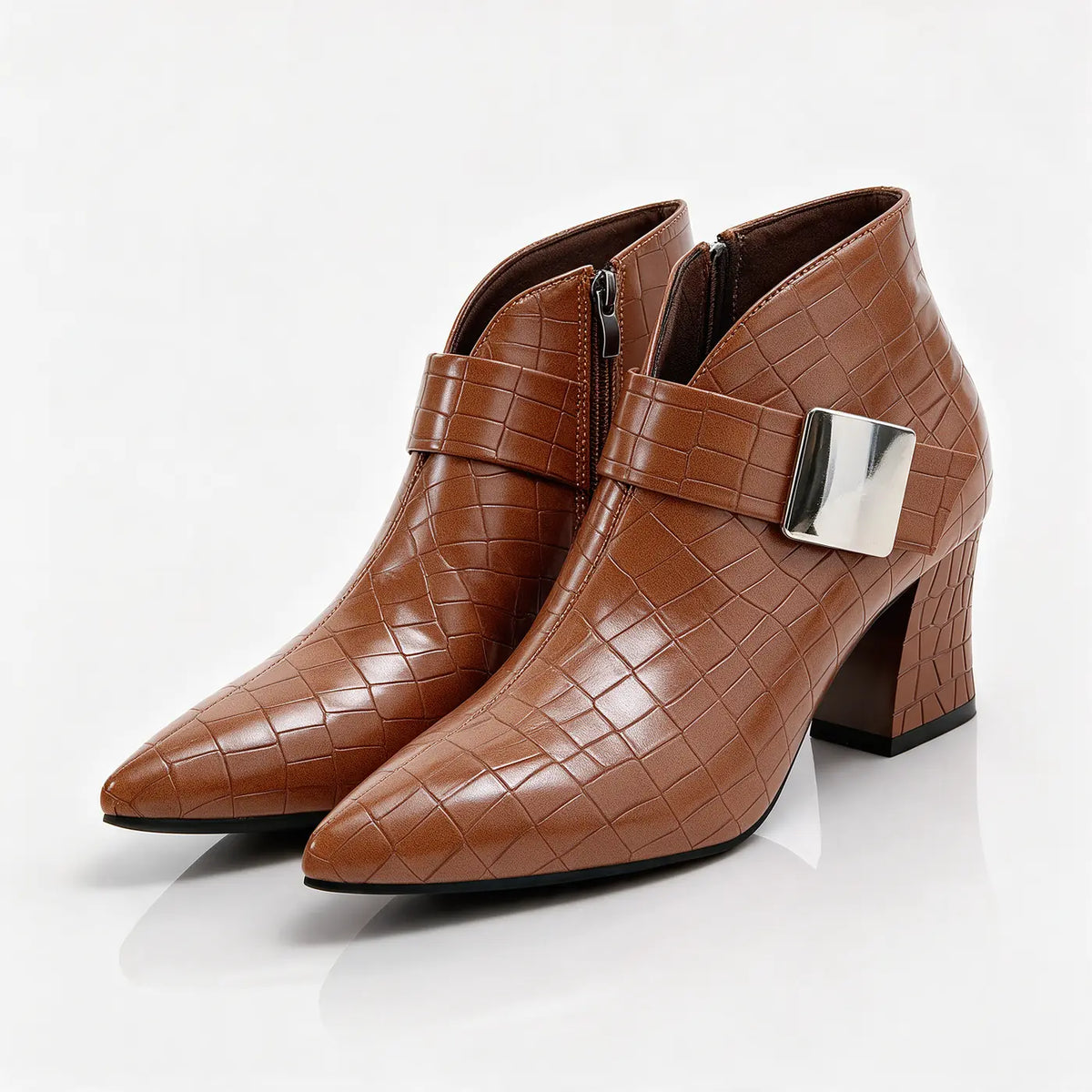 Brown Women's Croc Ankle Boots with Buckle & Block Heel - Front Full