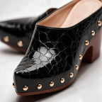 Women's Studded Mules with Croc-Embossed Pointed Toe & Block Heel - Macro Heel Stud Detail