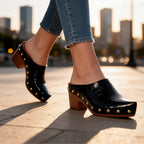 Women's Studded Mules with Croc-Embossed Pointed Toe & Block Heel - Model Walking Pavement