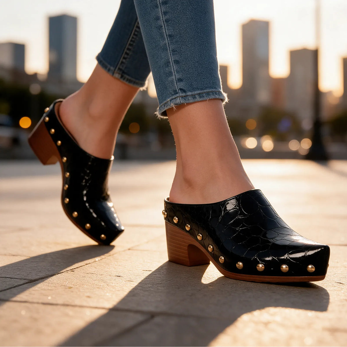 Women's Studded Mules with Croc-Embossed Pointed Toe & Block Heel - Model Walking Pavement