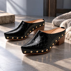 Women's Studded Mules with Croc-Embossed Pointed Toe & Block Heel - Side Pair Indoor