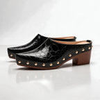 Black Women's Studded Mules with Croc-Embossed Pointed Toe & Block Heel
