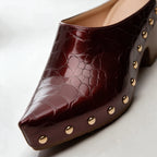 Women's Studded Mules with Croc-Embossed Pointed Toe & Block Heel - Macro Toe Closeup