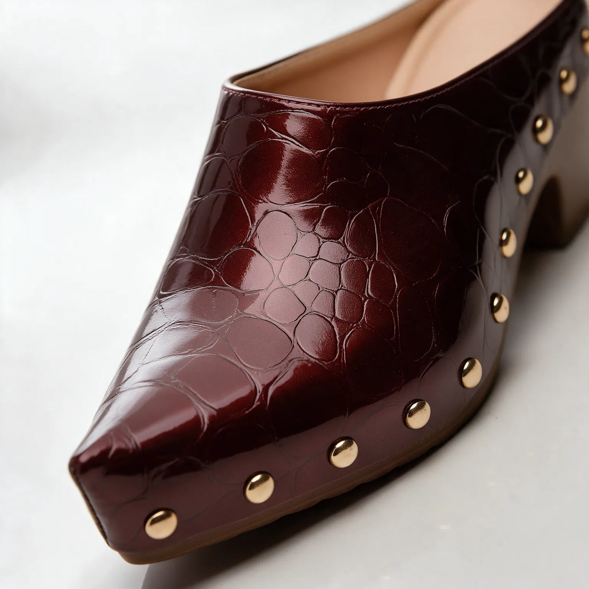Women's Studded Mules with Croc-Embossed Pointed Toe & Block Heel - Macro Toe Closeup