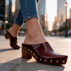 Women's Studded Mules with Croc-Embossed Pointed Toe & Block Heel - Model Walking Sunset