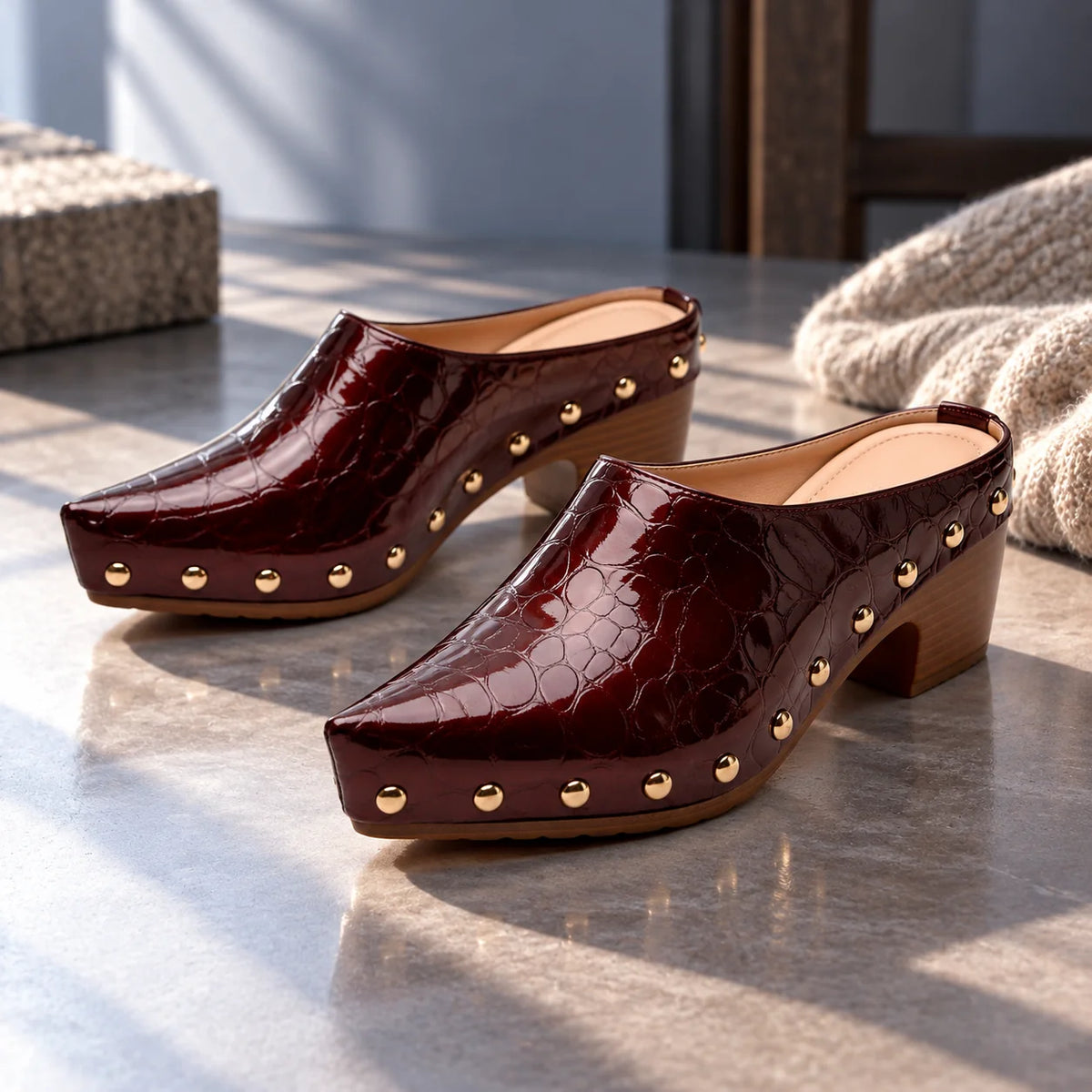Women's Studded Mules with Croc-Embossed Pointed Toe & Block Heel - Side Pair Surface