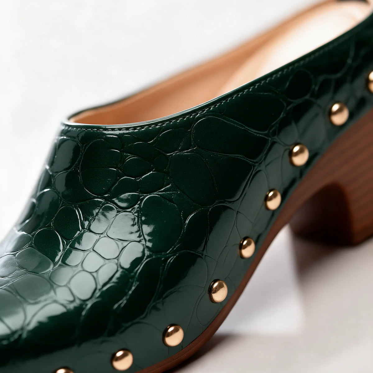 Women's Studded Mules with Croc-Embossed Pointed Toe & Block Heel - Macro Stud Detail