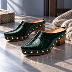 Women's Studded Mules with Croc-Embossed Pointed Toe & Block Heel - Side Angle Tabletop