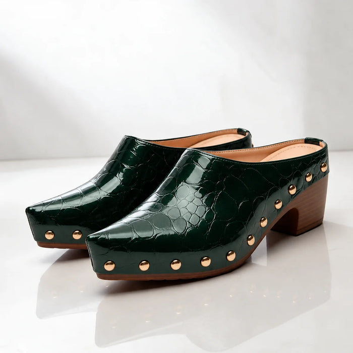Green Women's Studded Mules with Croc-Embossed Pointed Toe & Block Heel