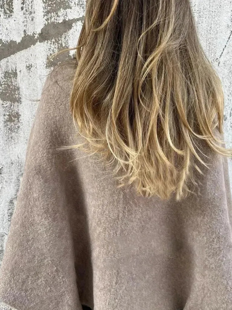 Beige Women's Fuzzy Cropped Cardigan — Ruby Relaxed-Fit Button-Front Bohemian - Back Hair Detail