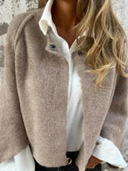 Beige Women's Fuzzy Cropped Cardigan — Ruby Relaxed-Fit Button-Front Bohemian - Close Up Buttons