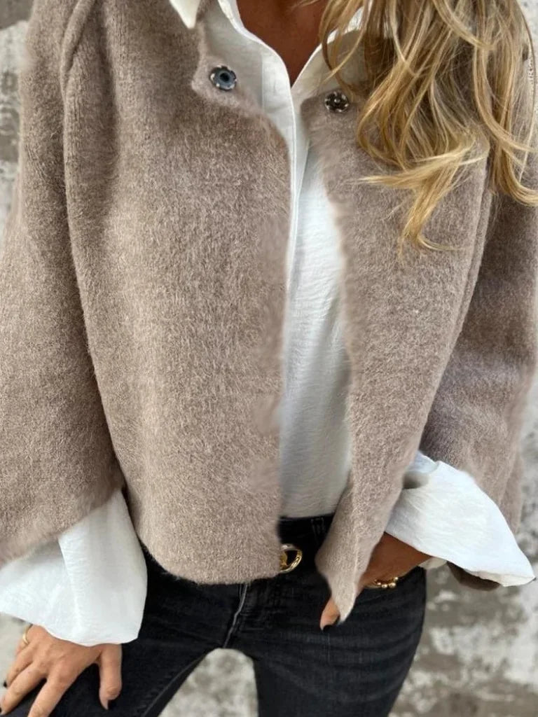 Beige Women's Fuzzy Cropped Cardigan — Ruby Relaxed-Fit Button-Front Bohemian - Close Up Collar