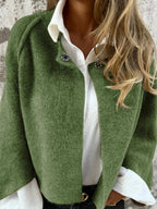 Green Women's Fuzzy Cropped Cardigan — Ruby Relaxed-Fit Button-Front Bohemian - Close Up Front