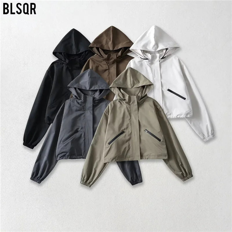 Women's Cropped Rain Jacket with Hood & Water-Repellent Finish - Flat Lay Multicolor