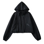Black Women's Cropped Rain Jacket with Hood & Water-Repellent Finish