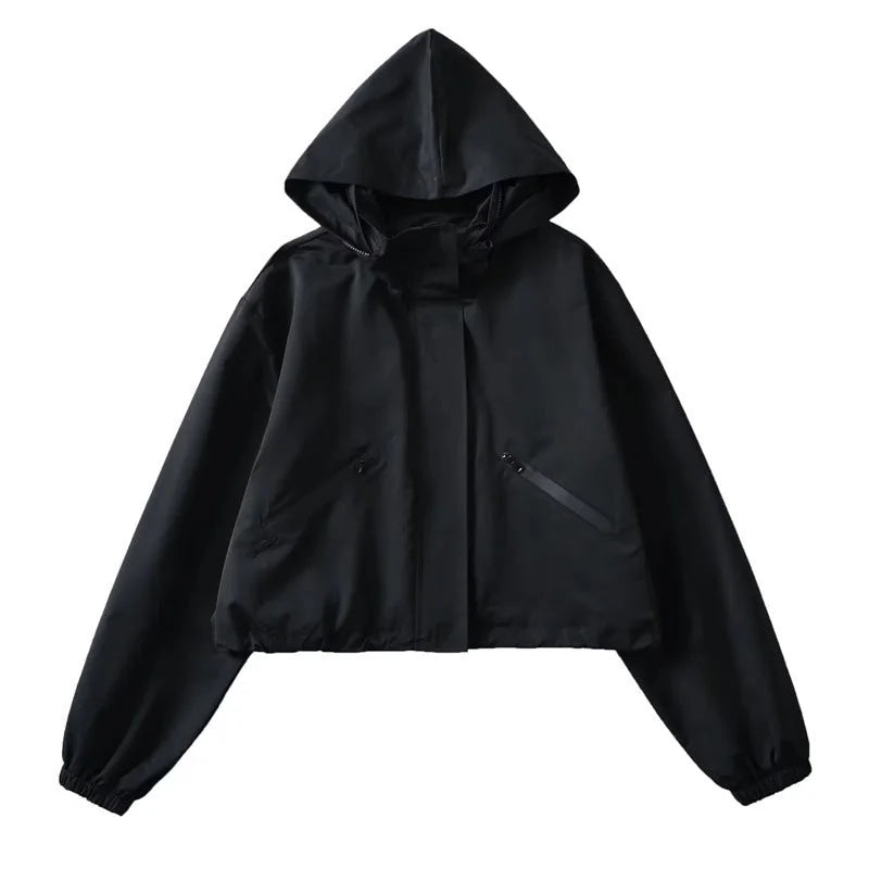 Black Women's Cropped Rain Jacket with Hood & Water-Repellent Finish