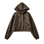 Brown Women's Cropped Rain Jacket with Hood & Water-Repellent Finish - Front Full