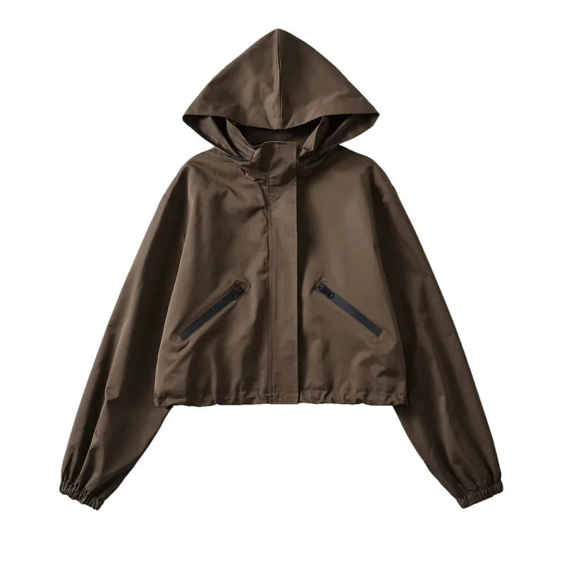 Brown Women's Cropped Rain Jacket with Hood & Water-Repellent Finish - Front Full