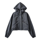 Charcoal Gray Women's Cropped Rain Jacket with Hood & Water-Repellent Finish - Front Full