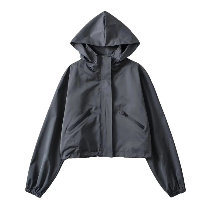 Charcoal Gray Women's Cropped Rain Jacket with Hood & Water-Repellent Finish - Front Full