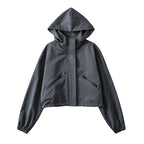 Women's Cropped Rain Jacket with Hood & Water-Repellent Finish - Gray Front Full 2