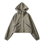 Women's Cropped Rain Jacket with Hood & Water-Repellent Finish - Green Front Full Army