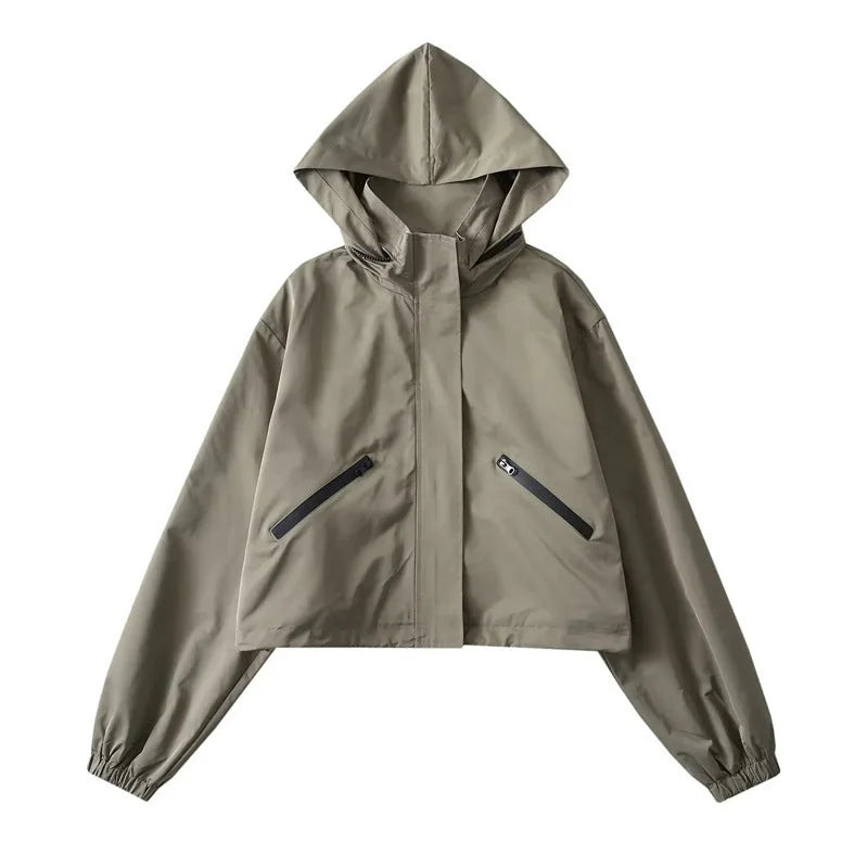 Women's Cropped Rain Jacket with Hood & Water-Repellent Finish - Green Front Full Army
