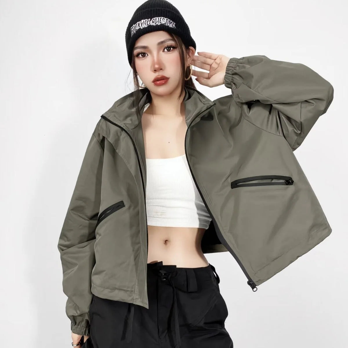 Copper Green Women's Cropped Rain Jacket with Hood & Water-Repellent Finish - Worn Lifestyle
