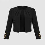 Black Women's Blazer with Pleated Open Front, Cropped Fit & Button Cuffs — Tara