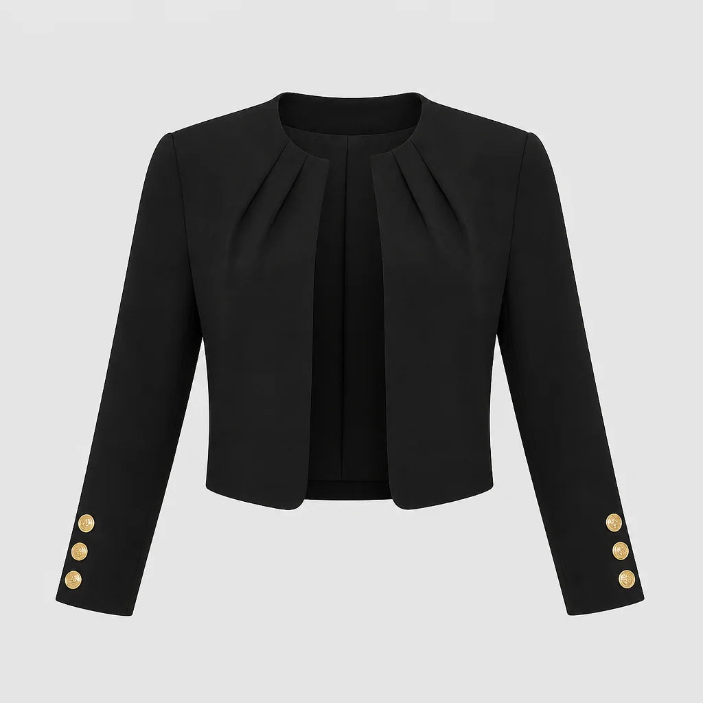 Black Women's Blazer with Pleated Open Front, Cropped Fit & Button Cuffs — Tara
