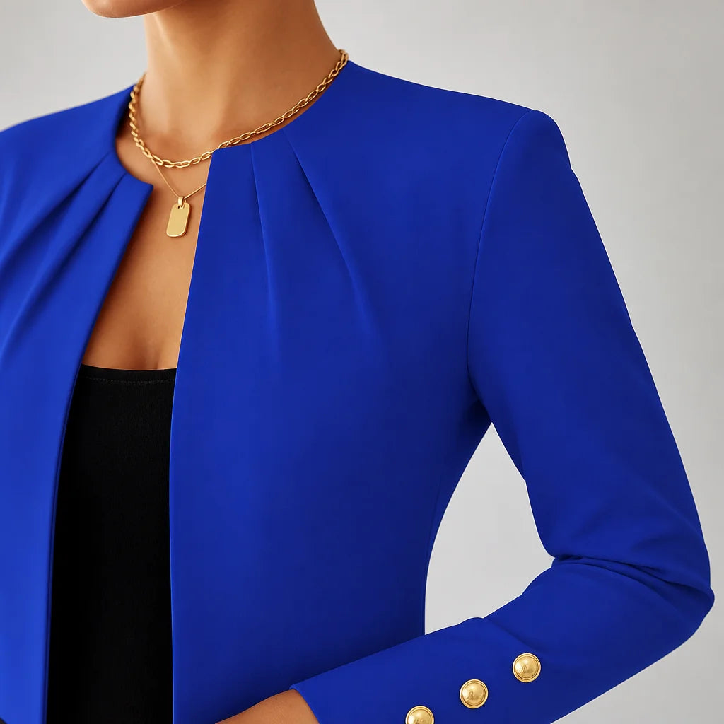 Blue Women's Blazer with Pleated Open Front, Cropped Fit & Button Cuffs — Tara - Close Up Neckline