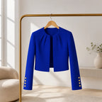 Blue Women's Blazer with Pleated Open Front, Cropped Fit & Button Cuffs — Tara - Flat Lay Hanger