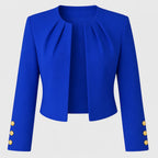 Blue Women's Blazer with Pleated Open Front, Cropped Fit & Button Cuffs — Tara