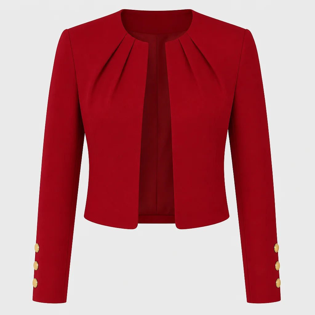 Red Women's Blazer with Pleated Open Front, Cropped Fit & Button Cuffs — Tara