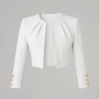 White Women's Blazer with Pleated Open Front, Cropped Fit & Button Cuffs — Tara - Studio Flat