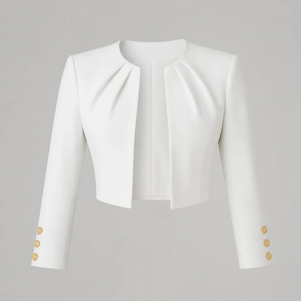 White Women's Blazer with Pleated Open Front, Cropped Fit & Button Cuffs — Tara - Studio Flat