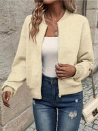 Apricot Women's Cropped Quilted Bomber Jacket with Zip-Up Front & Ribbed Trim