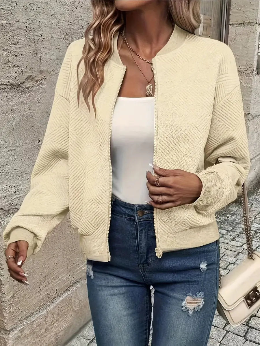 Apricot Women's Cropped Quilted Bomber Jacket with Zip-Up Front & Ribbed Trim